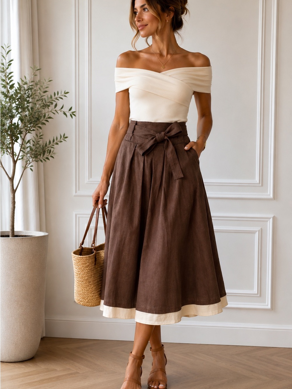 LBrown Midi A-Line Skirt with Cream Hem and Tie Waist